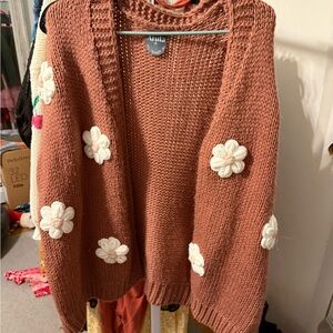 ARULA Brown Cardigan with White Floral Accents